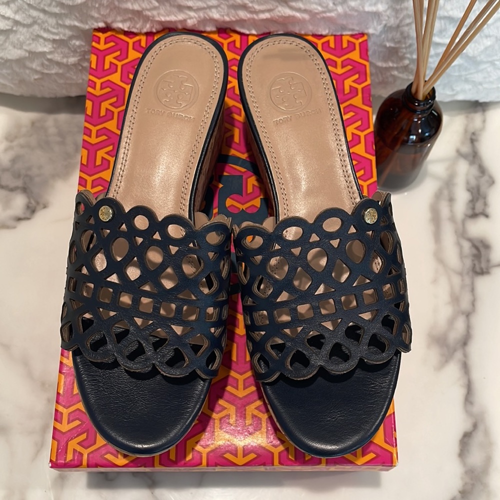 Tory Burch Woman Platform Wedge Slide Sandals Size US 6.5 NAVY